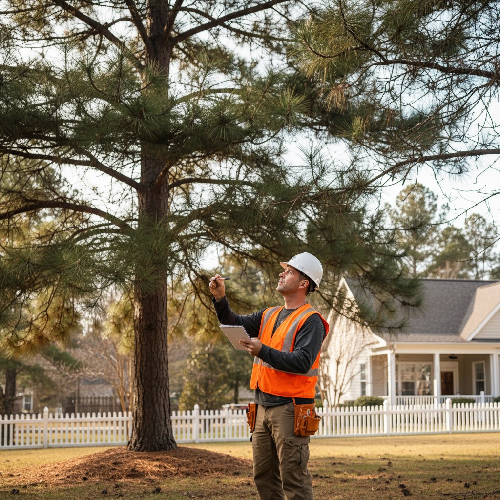 Tree care professional assessing a tall pine in a Mooresville residential yard